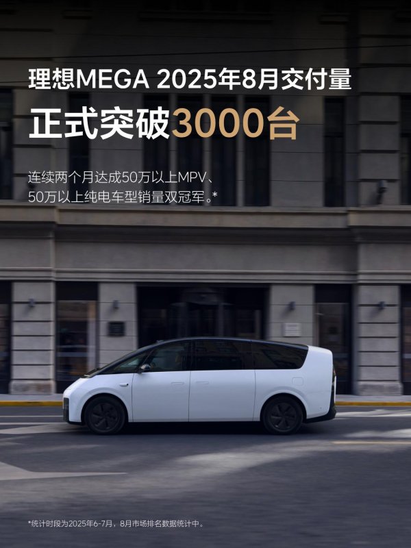 创盈在线 理想MEGA月交付破3000台，蝉联50万元以上MPV和50万元以上纯电车型销量双第一